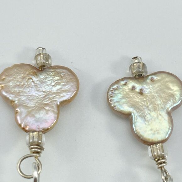 Earrings 925 Sterling Silver Plated Jasper Freshwater Clover Pearl Beaded Dangle - Picture 6 of 7